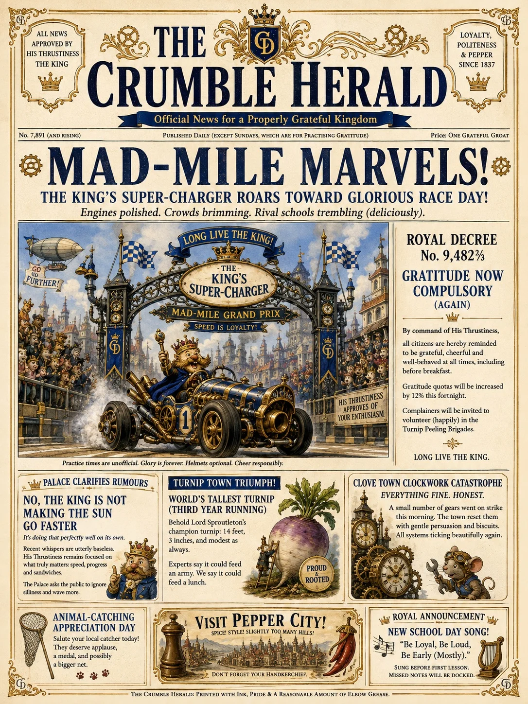 A Crumble Down newspaper front page filled with kingdom stories and illustrations.