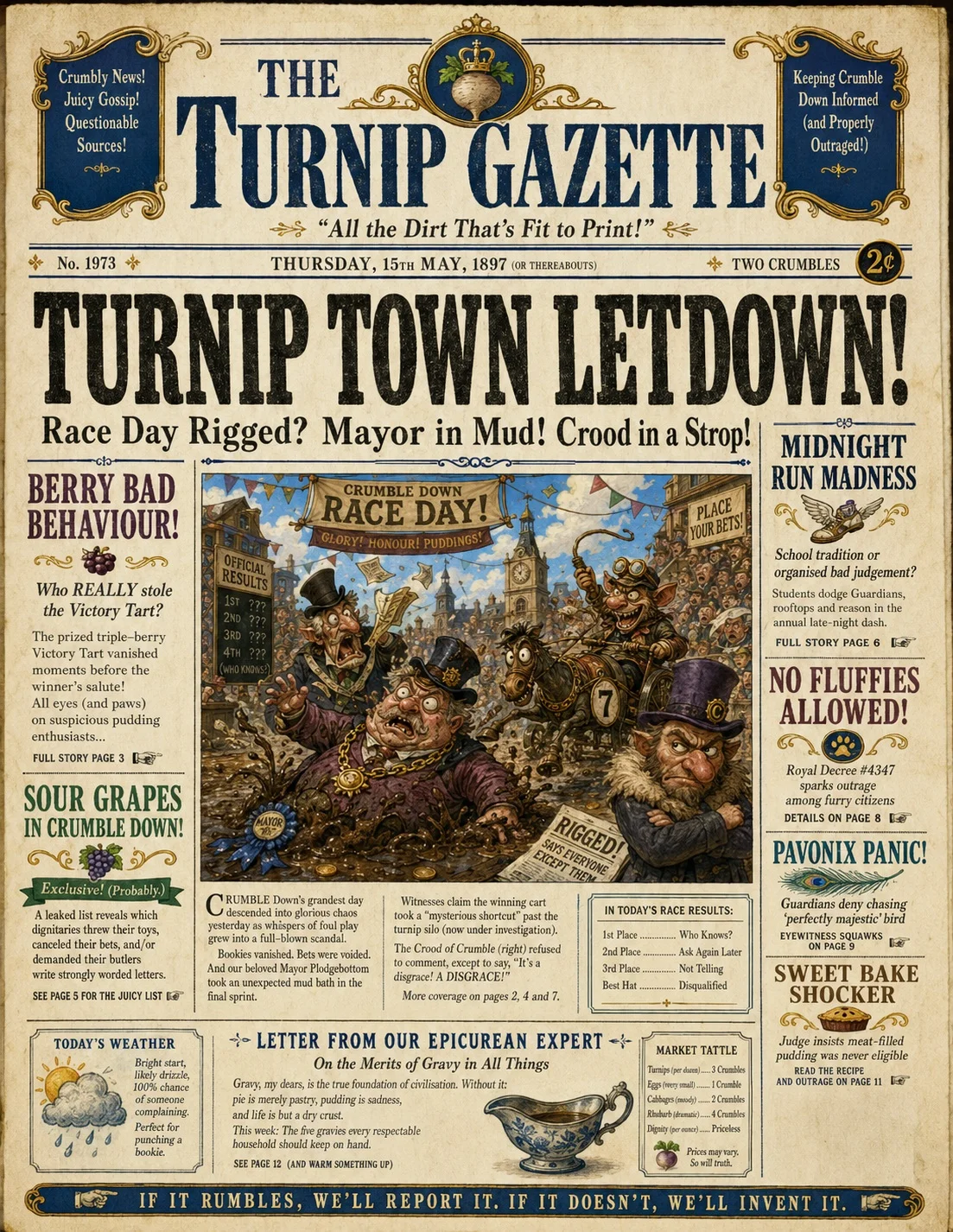 The Turnip Gazette newspaper front page reporting the latest questionable Crumble Down news.